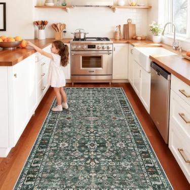 Imagem de Tapete de corredor largo 10 x 25: corredores laváveis de 3 metros para sala de estar, quarto, cozinha - Tapete floral vintage macio antiderrapante resistente a manchas (verde escuro multi, 4X10)