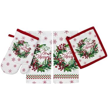 Imagem de Toalha de prato e suporte de panela para cozinha de férias - Conjunto de 4 100% algodão verde vermelho branco - dois (2) toalhas de cozinha, uma (1) luva de forno e um (1) suporte de panela