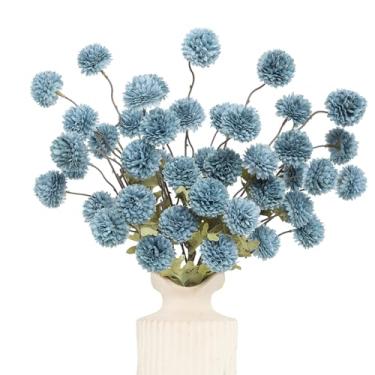 Imagem de DuHouse 6 peças de flores artificiais de seda sintética, mini bola de crisântemo de seda pequena com hastes para buquês faça-você-mesmo, vaso de mesa, decoração de cozinha (azul empoeirado)