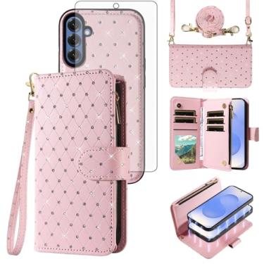 Imagem de Asuwish Capa de celular para Samsung Galaxy A56 5G carteira com zíper destacável capa de celular magnética com protetor de tela alça transversal alça com glitter compartimentos para cartão A 56 56A