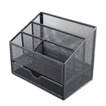 Imagem de Organizador de mesa Organizador de mesa de escritório de malha de metal com gaveta para livros, canetas, grampeador, clipes de pasta, notas, elegante, durável, organizador de mesa