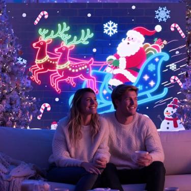 Imagem de BlissYard Tapeçaria de luz negra néon Passeio de trenó de Papai Noel reativo a UV Merry Christmas Rena para pendurar na parede que brilha no escuro decoração de férias floco de neve bengala doce para
