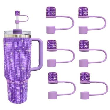 Imagem de JIASHEBDE Conjunto de acessórios para Stanley Cup, 6 peças, capa de canudo de diamante brilhante, tampa de canudos para Stanley 30 e 1,134 g com copos, acessórios de tampa de 1 cm para copo (roxo