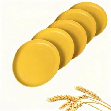 Imagem de ZQtyf Pratos de palha de trigo inquebráveis de 22 cm - 5 peças de conjuntos de pratos leves, seguros para lava-louças e micro-ondas - pratos de plástico reutilizáveis - perfeitos para acampamento