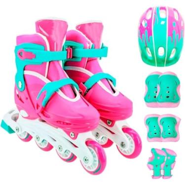 Imagem de Kit Patins Infantil Ajustável 2 em 1, Inline 30-33, com kit de Proteção, Rosa