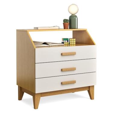 Imagem de Mini Cômoda Elegance Mesa de Cabeceira 3 Gavetas Quarto Organizador Multiuso Com Nicho (Nature/Off White)