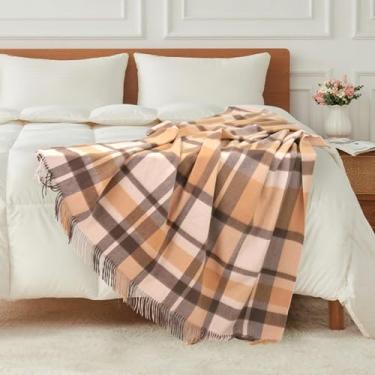 Imagem de Cobertor de lã pura – 215,88 cm x 139,7 cm – Cobertor macio e aconchegante para joelho de lã com franja para sofá cama, leve e respirável para viagens em casa, xadrez de camelo