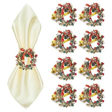 Imagem de ZeeDix Conjunto de 8 anéis de guardanapo de guirlanda de Natal, anéis de guardanapo com strass, porta-guardanapos de Natal para guardanapos de pano, anéis de guardanapo de Natal para festas de Natal,