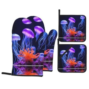 Imagem de Conjunto de luvas de cozinha coloridas com suporte de tampa, luvas de forno resistentes ao calor para lidar com panelas quentes, grelhar, churrascos, kit de 4 peças.