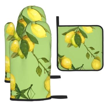 Imagem de Lemon – Conjunto essencial de cozinha com 3 peças, luvas seguras para calor e aderência de tampa, proteção para churrasco no forno, design de armazenamento suspenso.