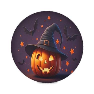 Imagem de Wassud Jogo americano chapéu de bruxa de abóbora maligna tapetes de mesa redondos para cozinha e jantar tapetes laváveis resistentes ao calor decoração de mesa 39 cm