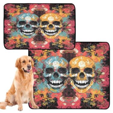 Imagem de CEBUGI Almofadas de xixi laváveis para cães, pacote com 2, almofadas impermeáveis para filhotes de cachorro, antiderrapante, à prova de vazamento, para cama de cercadinho, caveiras coloridas