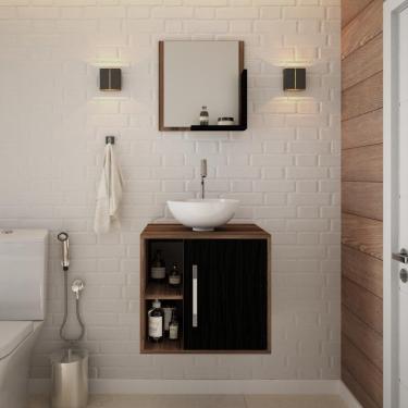 Imagem de Conjunto Balcão Com Cuba R30 E Espelheira Soft 500 Nogal Com Branco Chess Nogal Com Preto Ônix