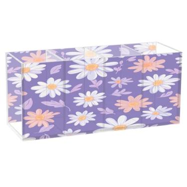 Imagem de CEBUGI Porta-lápis de acrílico transparente com 4 compartimentos, organizador de margaridas coloridas, suporte de pincel de maquiagem para escritório em casa