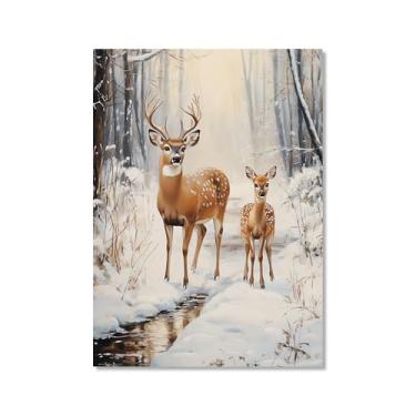 Imagem de Pôster de paisagem de Natal inverno fazenda alce pinhas boneco de neve natureza pintura em tela impressão de parede decoração de sala de estar (SKU7,50.8x71.1 cm = (50 x 70 cm), sem moldura)