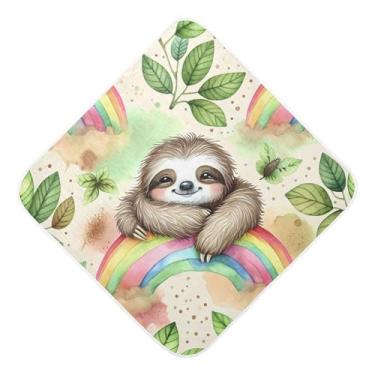 Imagem de Burbuja Toalha de banho para bebê preguiça no arco-íris - Toalha com capuz de musselina macia e absorvente para recém-nascidos, 89 x 89 cm