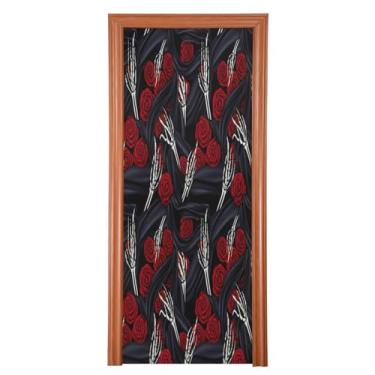 Imagem de Qilmy Decoração de capa de porta 89 x 200 cm tecido grande placa de decoração de festa de Halloween para porta da frente Halloween rosa mão caveira varanda decoração externa janela parede 699