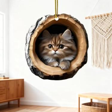 Imagem de Enfeite de Natal de gato fofo laranja com furo de árvore de acrílico, decoração de férias pendurada em cordas, presente criativo para árvore de Natal em casa/SDMM-05