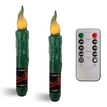 Imagem de NjaoHoo Velas curtas de cera real LED sem chama, com controle remoto, castiçais verdes de 16,7 cm, sem gotejamento, operado por pilhas, chama, rústico, primitivo, luzes sem chama, decoração de férias