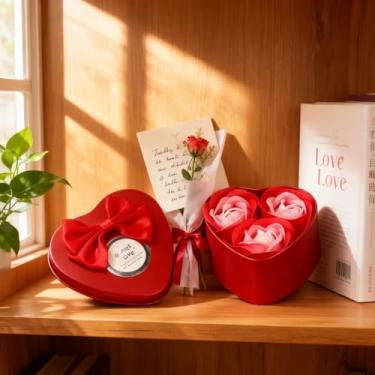 Imagem de Rosas artificiais vermelhas em caixa de lata, 3 buquê de rosas realistas para presente de dia dos namorados, decoração de mesa para adultos