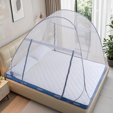 Imagem de lazyzzz Barraca de mosquiteiro pop-up para cama, barraca de acampamento portátil dobrável ao ar livre com fundo de rede para bebês adultos, fácil de instalar e lavar para cama queen size 200 x 150 x