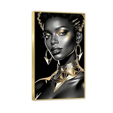 Imagem de Pintura de parede em tela de mulher afro-americana, pôster de retrato de mulher negra, pintura abstrata, sala de estar, decoração de casa, arte de parede com estampa de mulher negra dourada 70 x 120