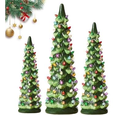 Imagem de Árvores de Natal retrô pintadas à mão com árvores de Natal de cerâmica que acendem, perfeitas para decoração festiva de mesa em casa. (3 x árvore de Natal)