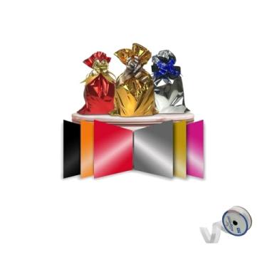 Imagem de Kit Saco Metalizado 20x29cm 50un e Fita Cetim Impressa Voil 22mm x 10m