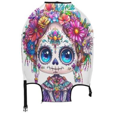 Imagem de Joisal Capa de mala protetora de bagagem, identificadores elásticos, acessórios de viagem para mulheres, linda caveira de açúcar, Lindo crânio feminino de açúcar, L, Fits 26-28 Inch Case, Capa de mala