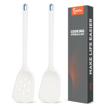 Imagem de Espátula de silicone e espátulas com fenda, pacote com 2 | Conjunto de utensílios de cozinha para cozinhar, fritar, assar, virar, virar e resistente ao calor 232 °C (branco)