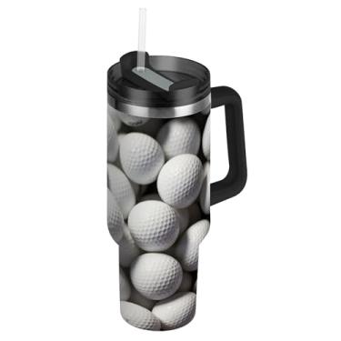 Imagem de Joisal Copo de 1,134 g com alça copos de aço inoxidável com tampas e canudos rosa bonito garrafa de água isolada carros xícara de café bebidas quentes bolas de golfe