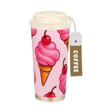 Imagem de TSENQUE Copo de café de viagem 473 ml com revestimento cerâmico, copo de café de viagem de aço inoxidável com canudo e tampa de enchimento, copo isolado a vácuo, cones de sorvete de desenho animado