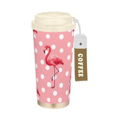 Imagem de TSENQUE Copo de café de 473 ml com tampa de canudo e filp, copos de parede dupla isolados a vácuo com revestimento cerâmico, estampa engraçada de flamingos rosa