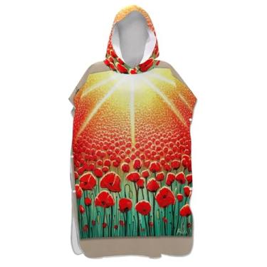 Imagem de TSENQUE Poncho de surfe trocador de roupão adulto com capuz toalha de praia estampa leve campo vermelho colorido masculino poncho com capuz