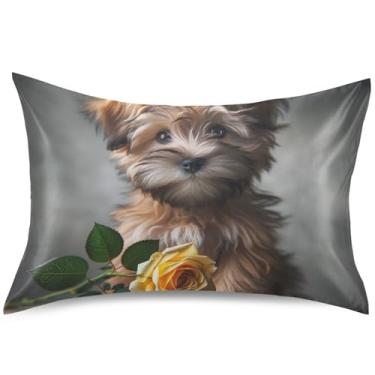 Imagem de Cute Terrier Dog Rose Cetim Fronha Engraçada Refrescante Fronha Padrão King Queen Fronha de Cama Fronha, Tamanho Padrão, 66 cm x 50 cm
