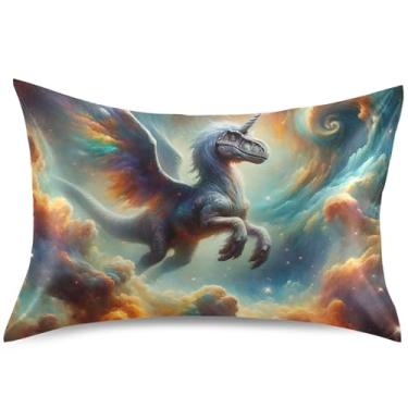 Imagem de Capa de almofada de cetim com espaço de dinossauro unicórnio capa de travesseiro de resfriamento fofa padrão king queen capa de travesseiro de cama, tamanho padrão, 66 cm x 50 cm