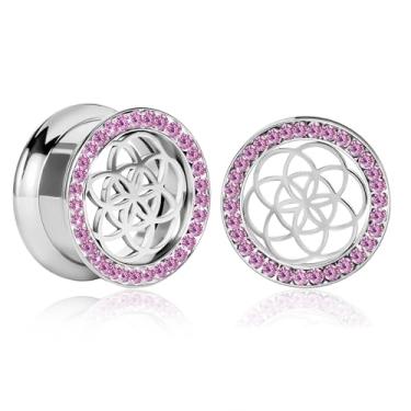 Imagem de Atomhole Plugues de calibre de orelha de padrões vazados com zircônia cúbica, túneis traseiros de aço inoxidável, hipoalergênicos 0 g 00 g, expansor de orelha, joias de piercing corporal (8 mm-16 mm)