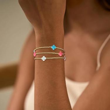 Imagem de Pulseira de contas douradas para mulheres, moderna, não mancha, grossa, elástica, clipe de papel, cruz, pérola, conjunto de joias empilháveis, acessórios de fantasia