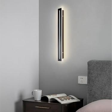 Imagem de GZZBMY LED apliques de parede moderno design metal alumínio candeeiros de parede minimalistas longa interior iluminação para quarto cabeceira sala de estar corredor escadas (luz neutra preta, 120 cm)