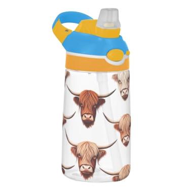 Imagem de Garrafa de água branca Highland Cows Horns Kids 473 ml Tritan portátil esportiva com tampa de canudo 473 ml Copos de viagem reutilizáveis para crianças à prova de vazamento, alça de transporte