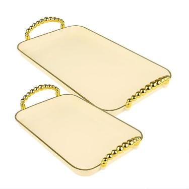 Imagem de Bandeja Organizadora Alça Cantinho do Café Multiuso Resistente Decorativa Casa Cozinha Mesa Posta, Ideal para Servir Petiscos e Decoração de Mesa Brasileira(KIT 2 DOURADO LEITOSA)