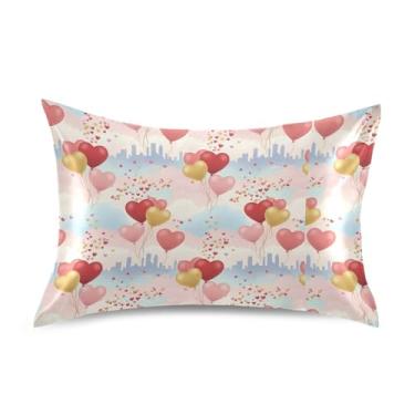 Imagem de Wassud Balões de coração flutuantes Dia dos Namorados Fronha de cetim para cabelo e pele fronhas de seda lisa Queen Size Capas de travesseiro respiráveis com fecho de envelope