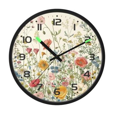 Imagem de SEHANY Herb Wildflower Relógio de parede silencioso sem tique-taque relógio redondo operado por bateria 30 cm controle de som luz noturna relógios de parede para sala de estar, cozinha, quarto