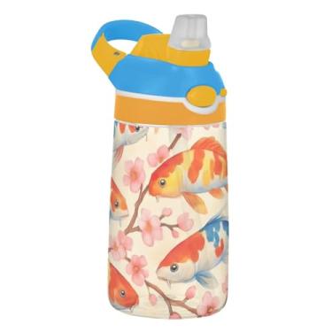 Imagem de Garrafa de água colorida Koi Fish Cherry Blossom para crianças com canudo 473 ml Tritan 473 ml Garrafa de água esportiva à prova de vazamento, copo infantil reutilizável, portátil, alça de transporte