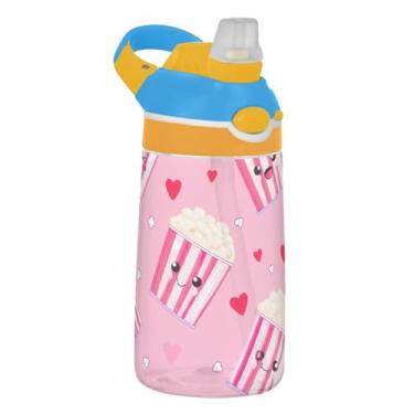 Imagem de Garrafa de água infantil Tritan de 473 ml com tampa de palha, garrafa de água esportiva reutilizável para escola, à prova de vazamento, copo infantil de 473 ml, alça de transporte, desenho fofo rosa