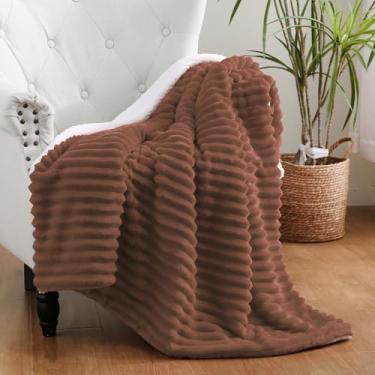 Imagem de Cobertor de lã de ovelha de chocolate 152 cm × 203 cm para sofá-cama, cobertor de flanela grossa de pelúcia super macio e aconchegante com design listrado leve para adultos, mulheres e meninas