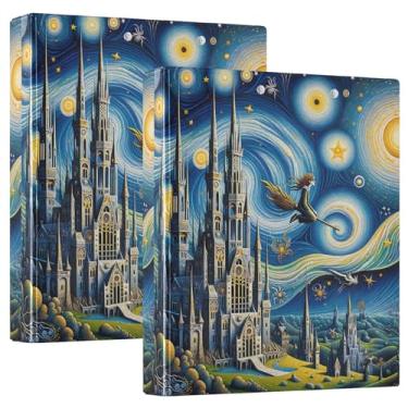Imagem de Fichários personalizados para castelo de noite estrelada de 3,8 cm, 3 anéis, 200 folhas, fichário para prancheta, 31,5 x 27 x 6 cm, pacote com 2