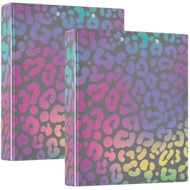 Imagem de Fichários de 3 anéis com estampa de arco-íris e leopardo neon com 3 anéis, 200 folhas, fichário de receitas de anel redondo, 31,5 x 27 x 6 cm, pacote com 2