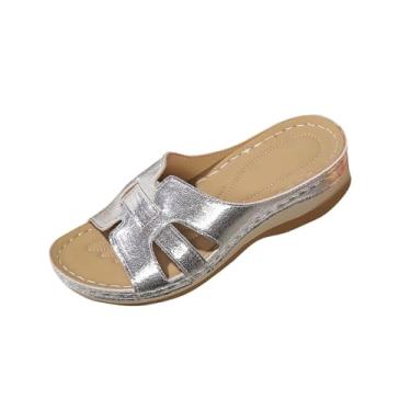 Imagem de Sandálias femininas modernas, casuais, versáteis, cor sólida, cabeça redonda, boca de peixe, primavera e verão, salto cunha, Prata, 38