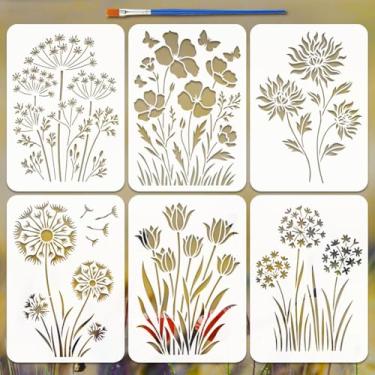 Imagem de FINGERINSPIRE 6 peças de estêncil de pintura de folhas de flores com pincel de 29,7 x 21 cm, reutilizável, dente-de-leão, lírios, borboletas, estêncil, planta borboleta, modelo de desenho floral para